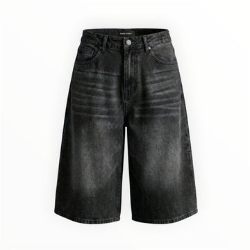 WIDE LEG DENIM SHORTS - WASHED BLACK