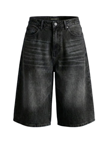 WIDE LEG DENIM SHORTS - WASHED BLACK